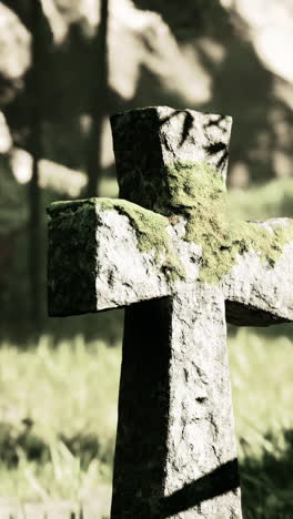 old stone cross in a forest graveyard