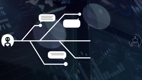 animación del procesamiento de datos digitales y conexiones con íconos de chatbot artificial