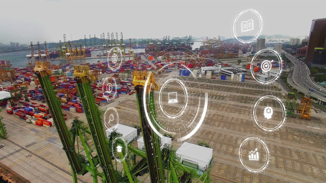 animación de la red de conexiones con iconos sobre el astillero