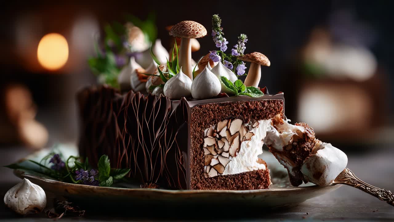 Concediti una golosa torta al cioccolato con dettagli squisiti, guarnita con foglie di menta, meringhe delicate e decorazioni a forma di fungo incantevoli, realizzata alla perfezione per qualsiasi celebrazione o voglia di dolce.