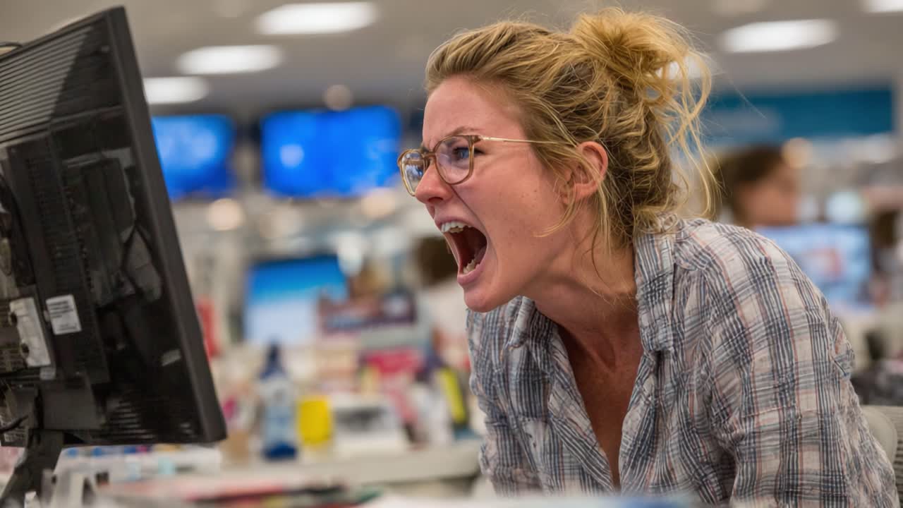 Intense Frustration Unleashed: A Woman's Emotional Reaction Captured in the Workplace Over a Computer Screen During a Stressful Moment