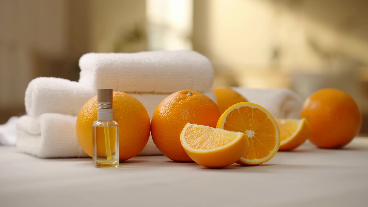 Fresh Oranges White Towels Essential Oil, Warm Golden Light, Sliced Citrus And Glass Roller Bottle On Linen
