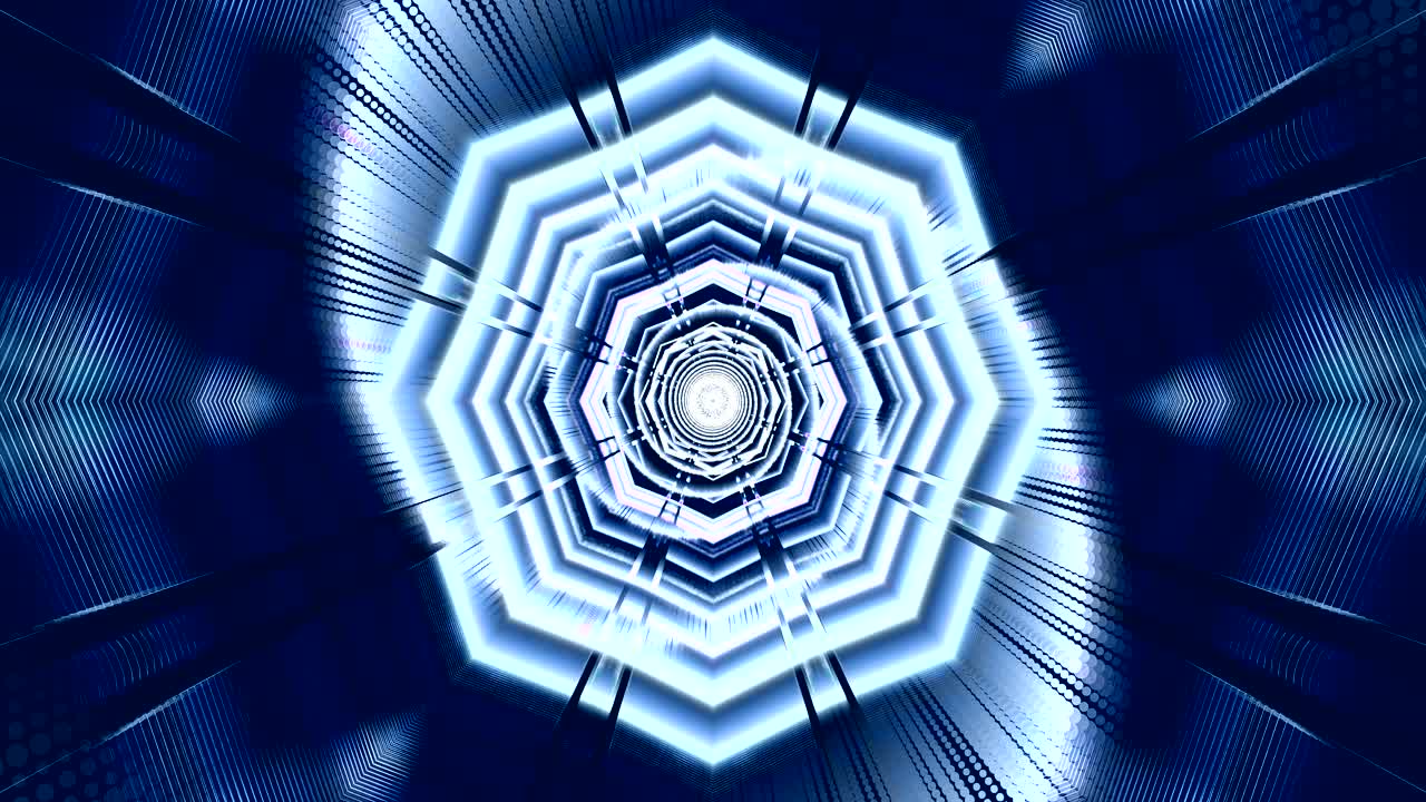 Digital tunnel spins and pulses with bright lights and shapes in an endless loop. This motion creates a dynamic background ideal for live wallpaper or screensaver