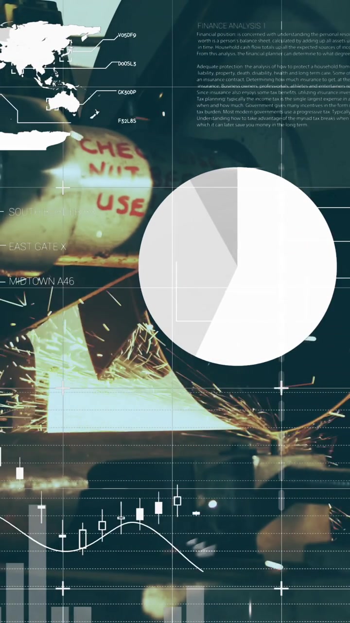 Animation of infographic interface with numbers over sparks coming from cutting blade in scrap yard