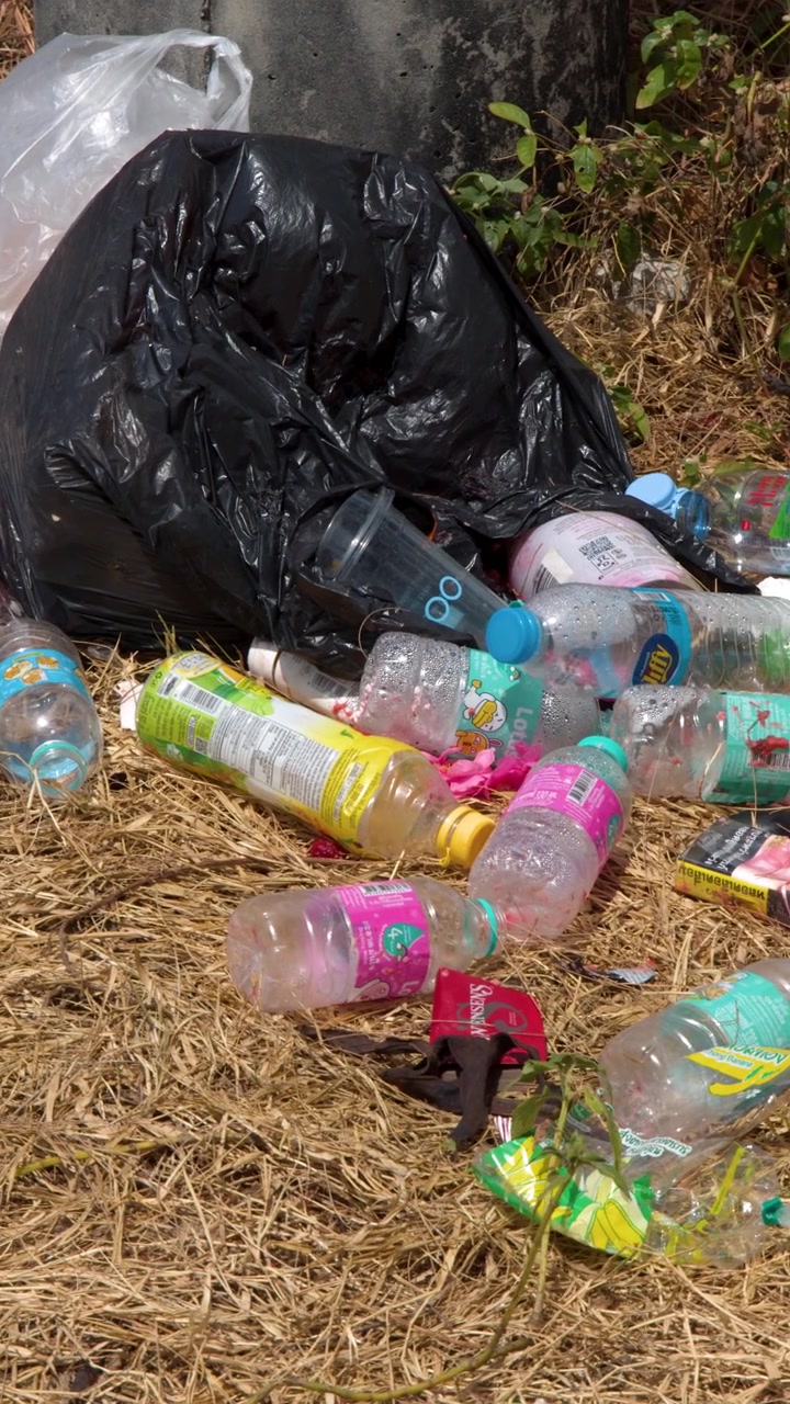 Inquadratura fissa dall'alto di bottiglie di plastica e sacchi neri della spazzatura su erba secca all'aperto