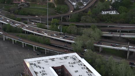 Drone-view-of-cars-on-I-45-freeway-in-downtown-Houston,-Texas