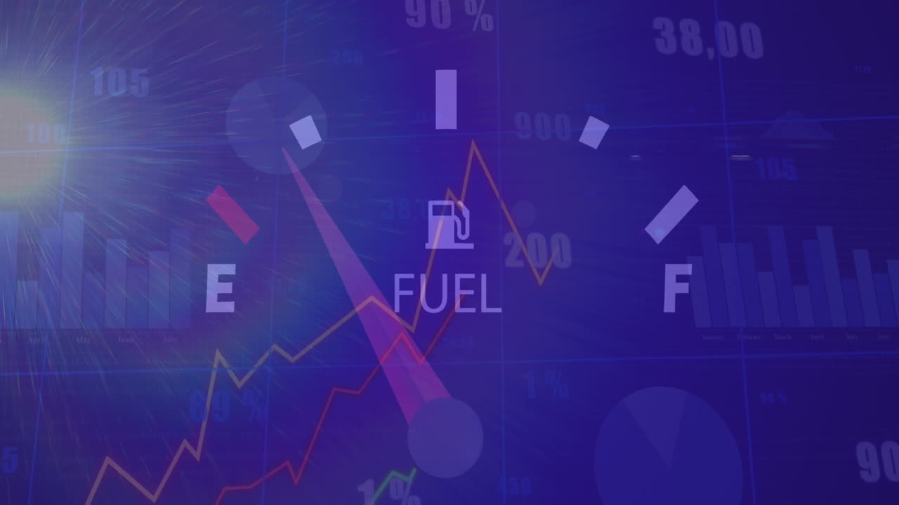 파란색 배경에 빛의 반점에 대한 스피도미터 및 통계 데이터 처리의 애니메이션