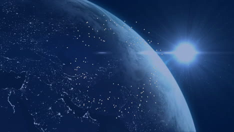 glowing city lights and bright sun in animation of earth from space