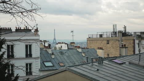 view of city roofs and the tour eiffel from the réservoir de montmartre on a rainy autumn day