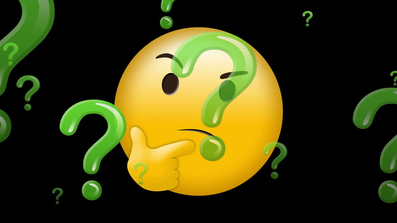 Animation of question marks floating over thinking emoji on black background