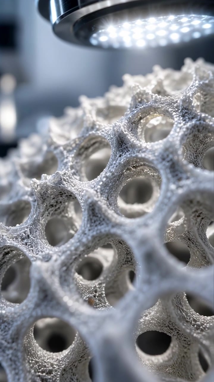 Close macro view moves deeper across interconnected white framework with rounded holes, while cool overhead illumination catches fine granular strands and soft focus separates layered surfaces.