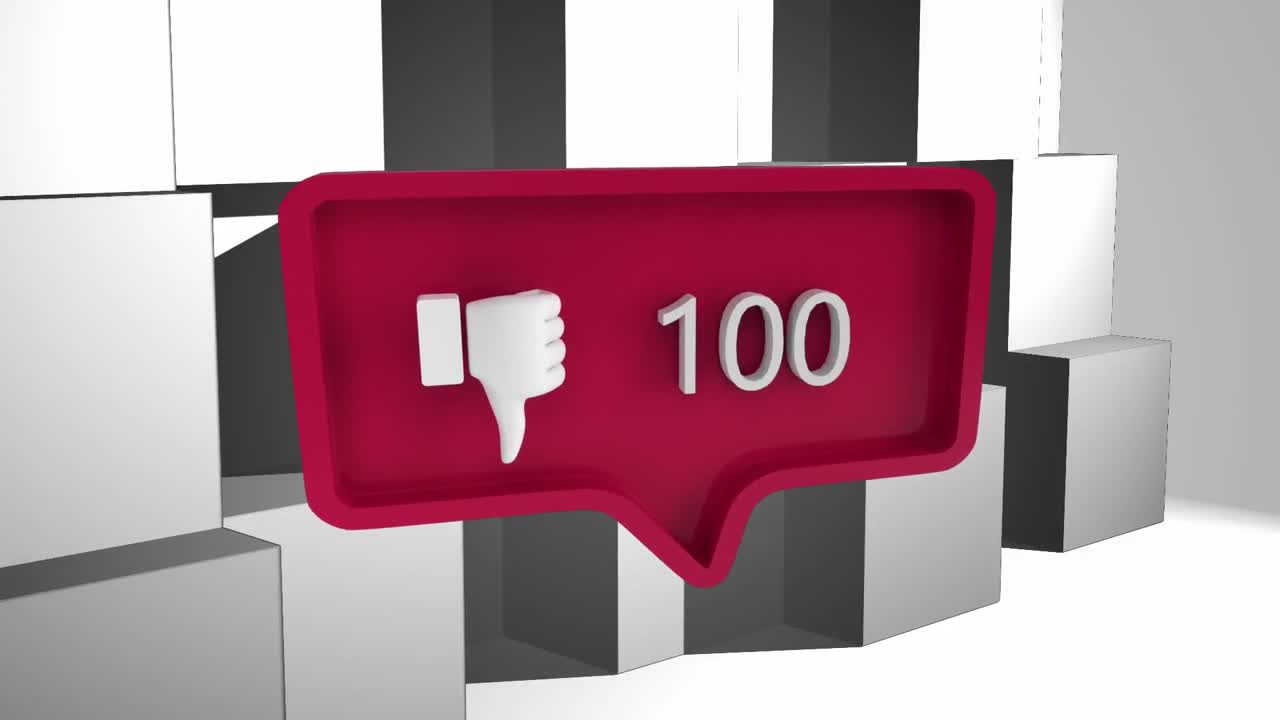Animation af dislike-ikon med stigende antal over grå terninger på hvid baggrund.