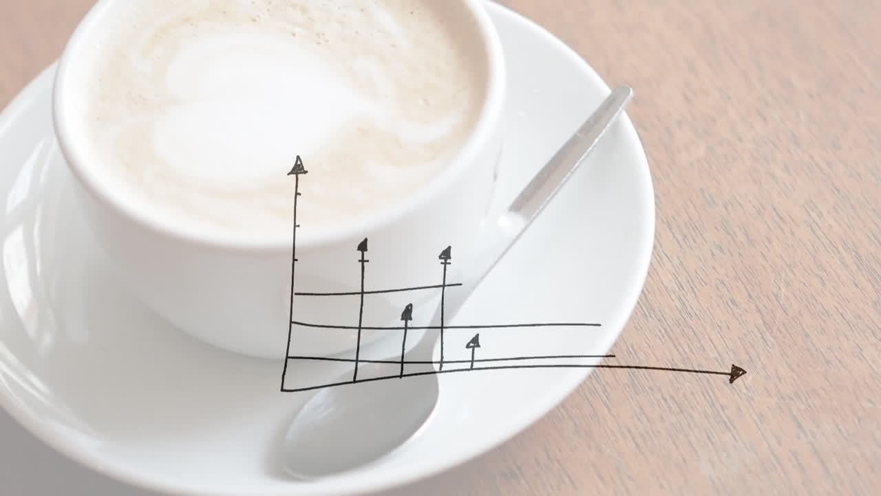Latte art coffee cup projecting upward data graph overlay on tabletop, conveying business growth