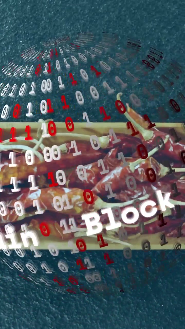 Dikey video: Dijital küre beliriyor, bir tepsi biberi göstermek için dönüyor, Blok zinciri