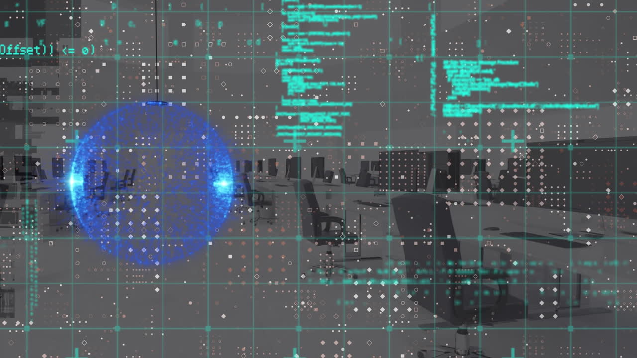Animation of financial data processing over modern office