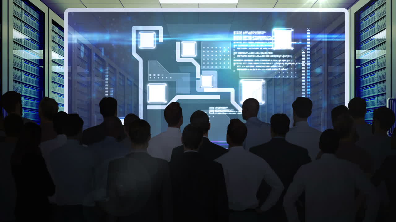 스크린에서 기술 인터페이스를 보는 사업가들