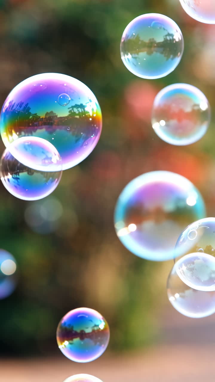 Colorful Iridescent Soap Bubbles Floating Outdoors