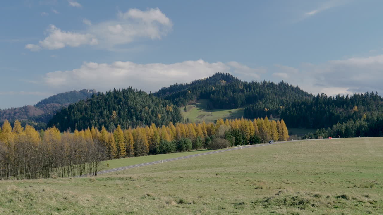 Časosběrné video nad lesní cestou a zvlněnými kopci