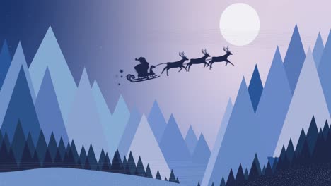 Silhouette-of-Santa-Claus-in-sleigh-being-pulled-by-reindeers-against-moon-and-winter-landscape