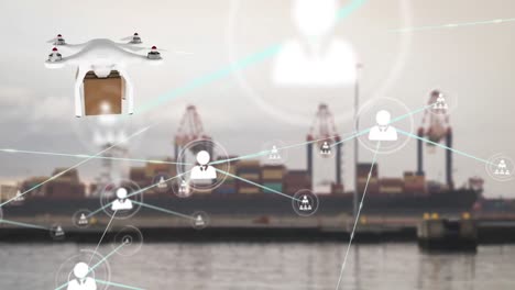 Animation-of-network-of-connections-with-icons-and-digital-drone-over-shipyard