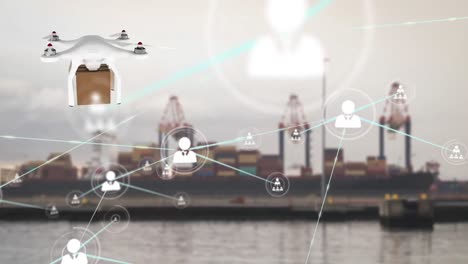 animación de la red de conexiones con iconos y drones digitales sobre el astillero