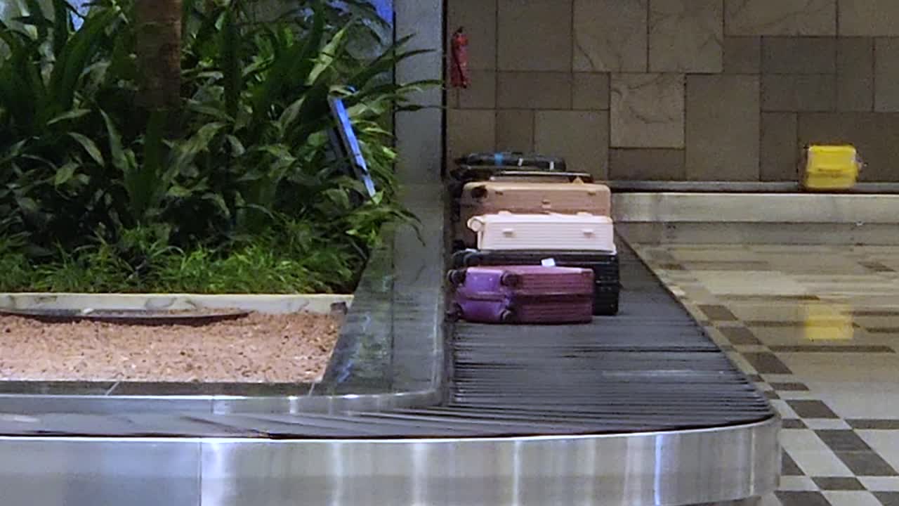 Baggage Reclaim Area - Tourist's Luggage On Baggage Carousel At Changi Airport In Singapore