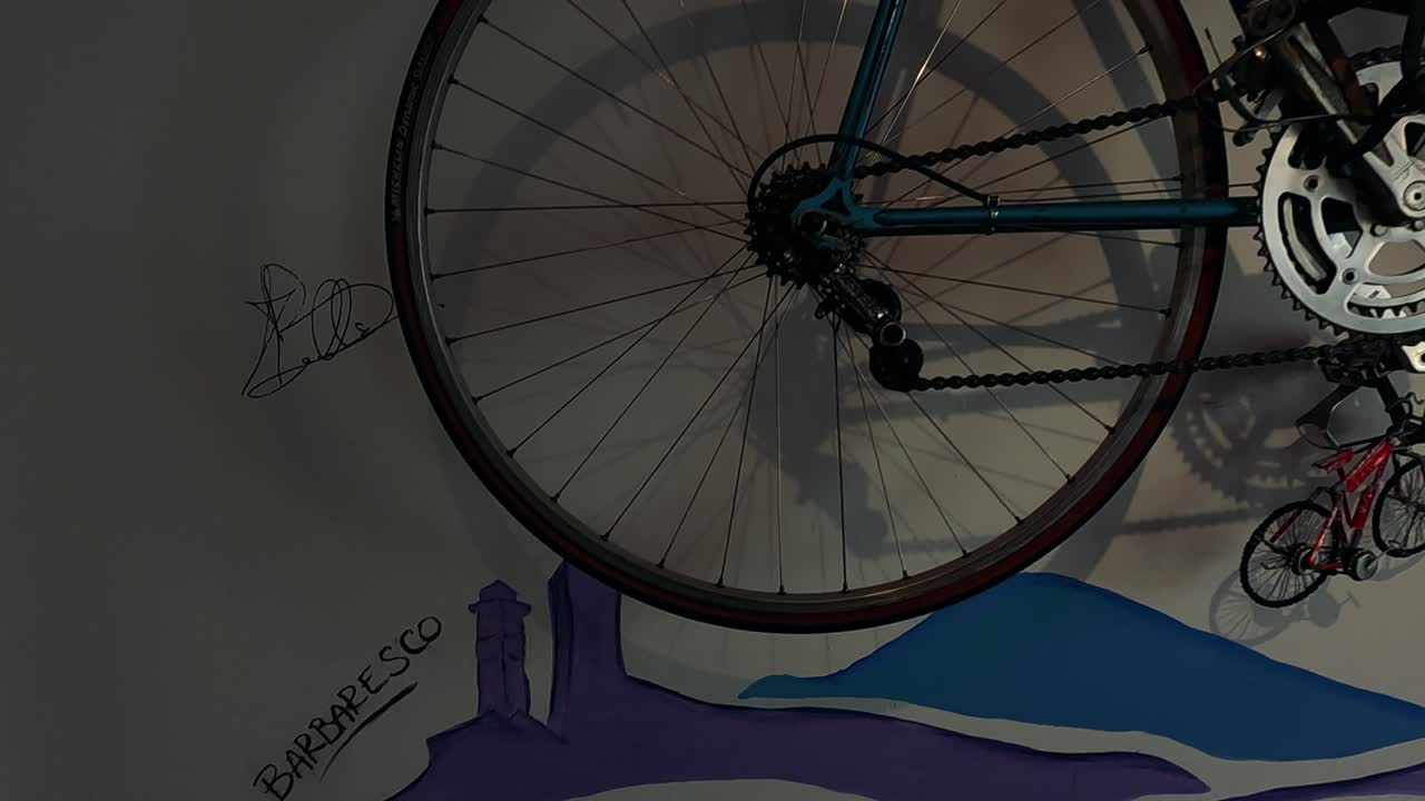 una bicicleta expuesta contra un mural en barolo