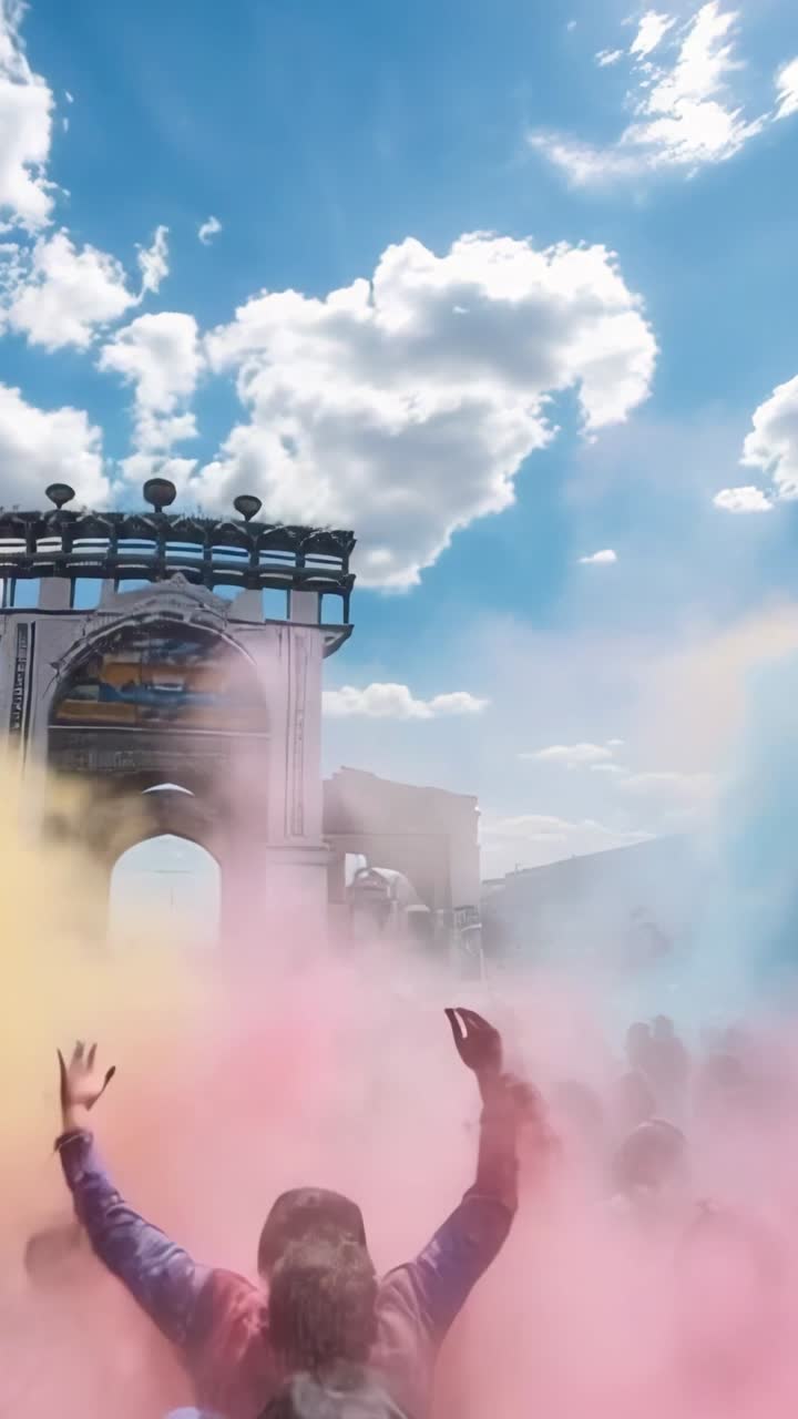 Vertical video: Bursting pink and yellow powder revealing plaza arch while crowd cheering festival