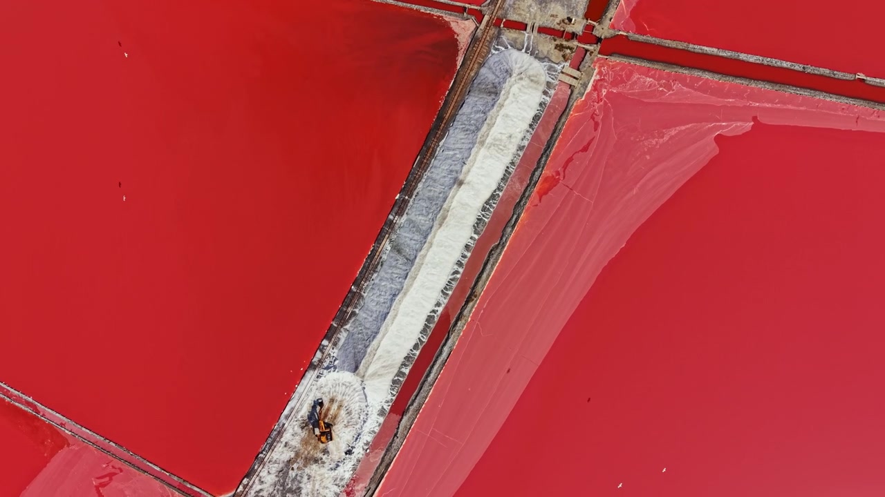 Salt harvesting takes place at a lake with bright red water in an area known for salt production during daylight hours