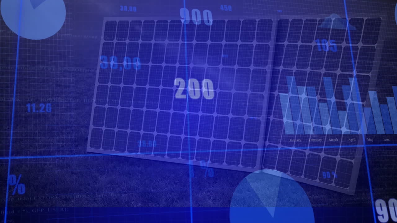 Data visualization overlaying solar panels, showing numbers and graphs in animation