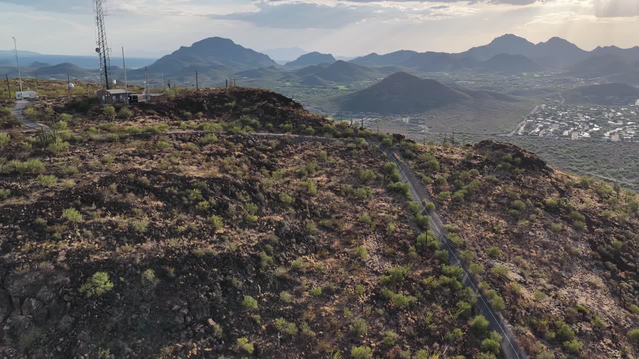 Drone view of trail and peak of Tumamoc Hill in Tucson, Arizona