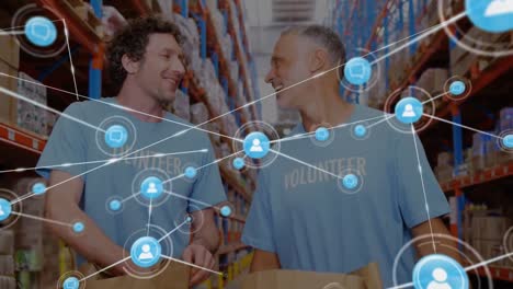 animation of network of connections over diverse people in warehouse