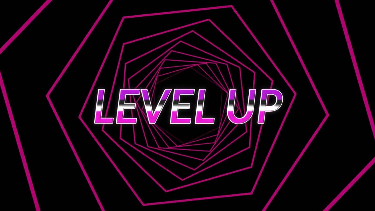검은색 배경에서 원활하게 회전하는 분홍색 육각형에 대한 보라색 레벨 업 텍스트