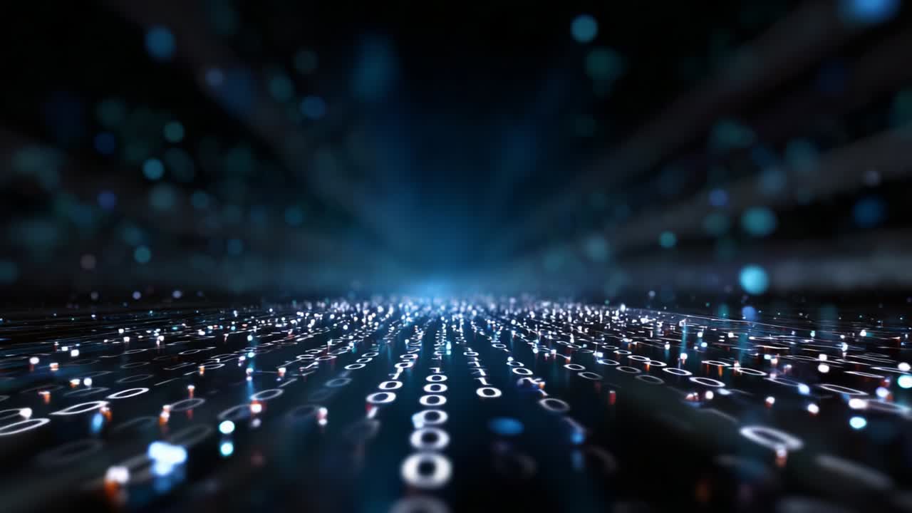 A mesmerizing visual representation of binary code networking into a digital space, where streams of light and cascading numbers create a captivating scene of technology and data flowing in harmony