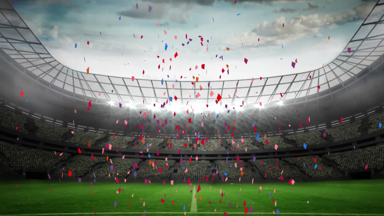 animación de confeti multicolores que caen sobre un estadio deportivo vacío