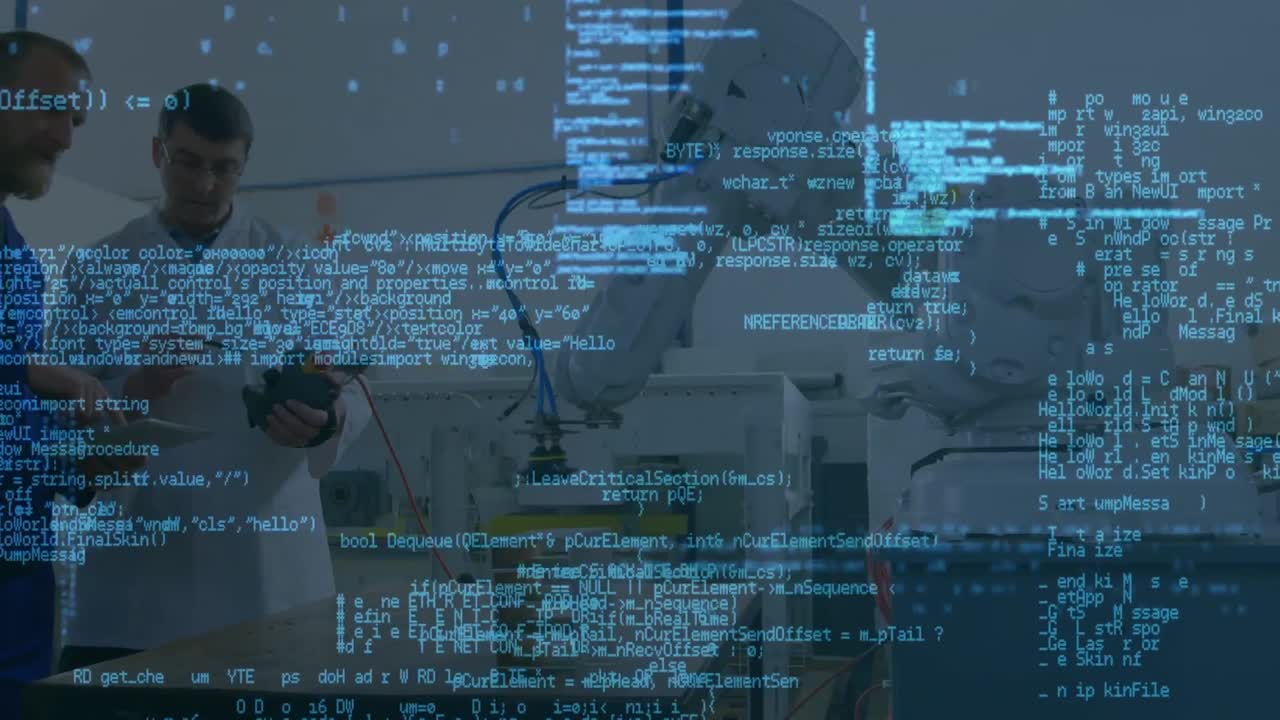 animazione dell'elaborazione dei dati su ingegneri maschi caucasici con robot