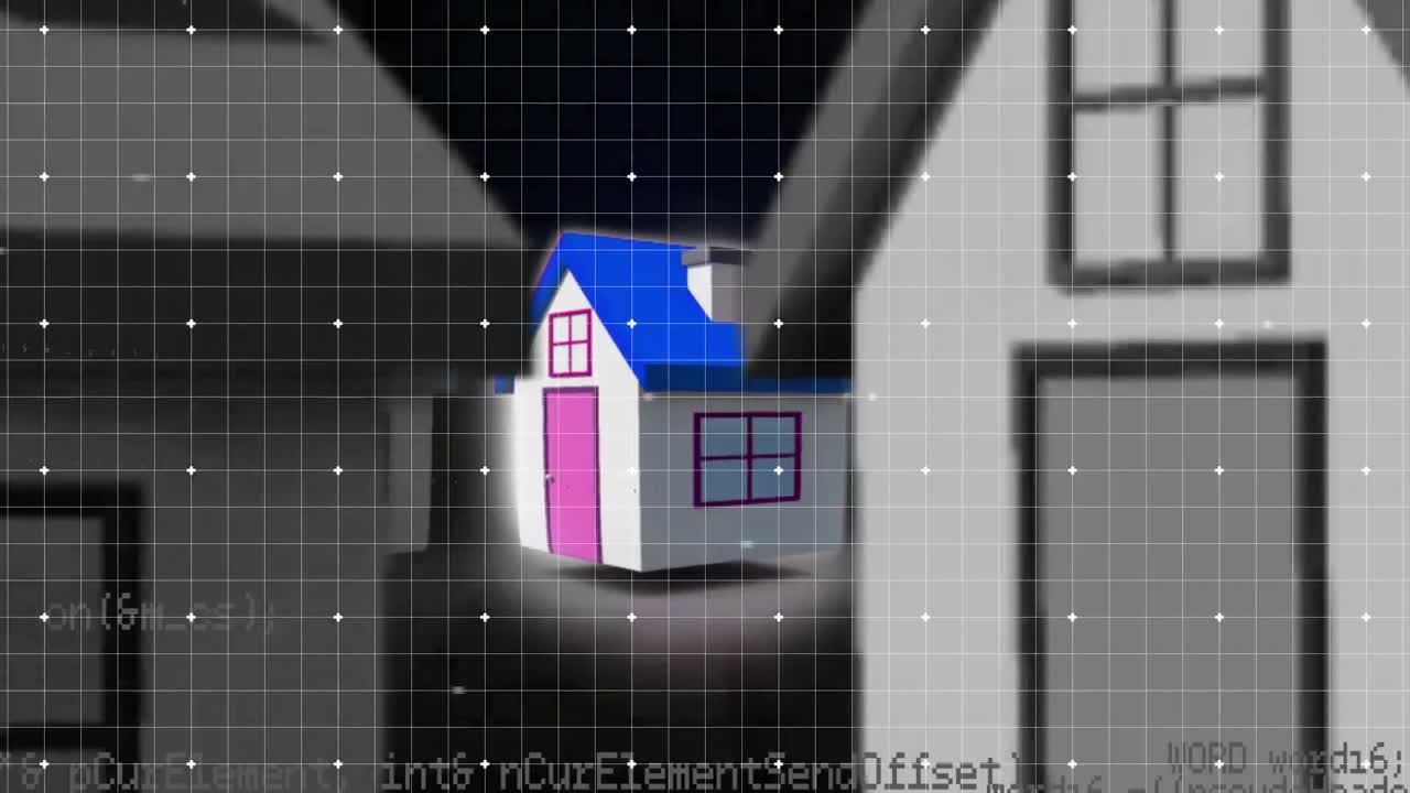 코딩과 함께 그리드 디지털 인터페이스에 빛  ⁇ 으로  ⁇ 하는 집 모델의 애니메이션