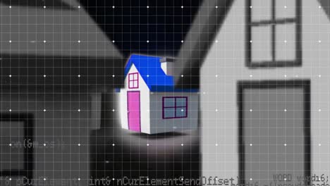 Animation-Von-Hausmodellen,-Die-Mit-Lichtstrahlen-Auf-Der-Digitalen-Rasterschnittstelle-Mit-Codierung-Zoomen