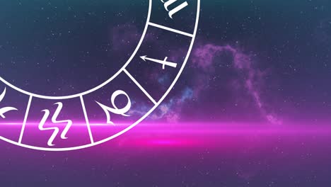 Animation-of-horoscope-wheel-spinning-over-stars-on-blue-to-purple-background