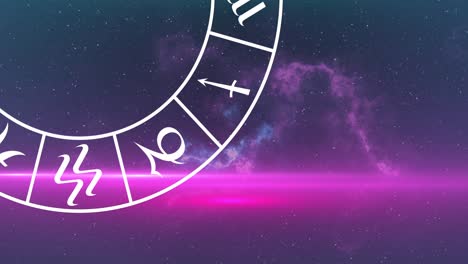 animation of horoscope wheel spinning over stars on blue to purple background