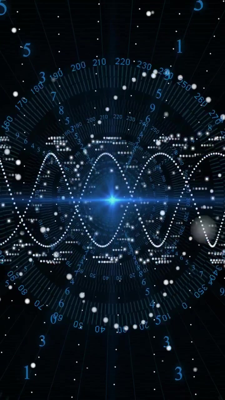 Vertical video: Central data core emitting flare, pulsing waves and rotating rings, showing surge