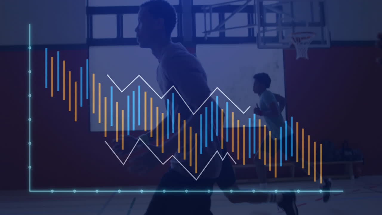 Male athletes running across gym court, displaying sports data with bar and line charts
