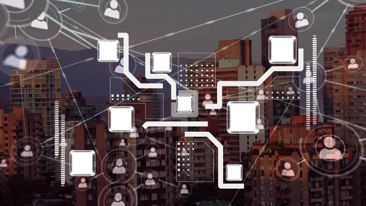 Animation of network of connections and computer circuit board over cityscape