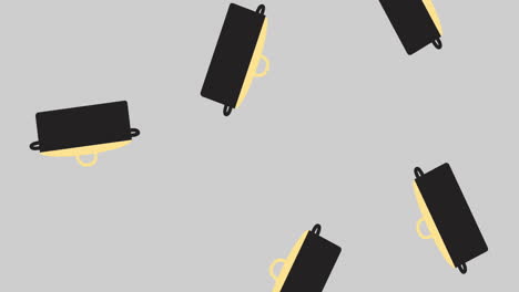 animation of illustration of black cooking pots falling on grey background