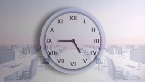 animación de reloj moviéndose sobre escritorios de oficina con computadoras