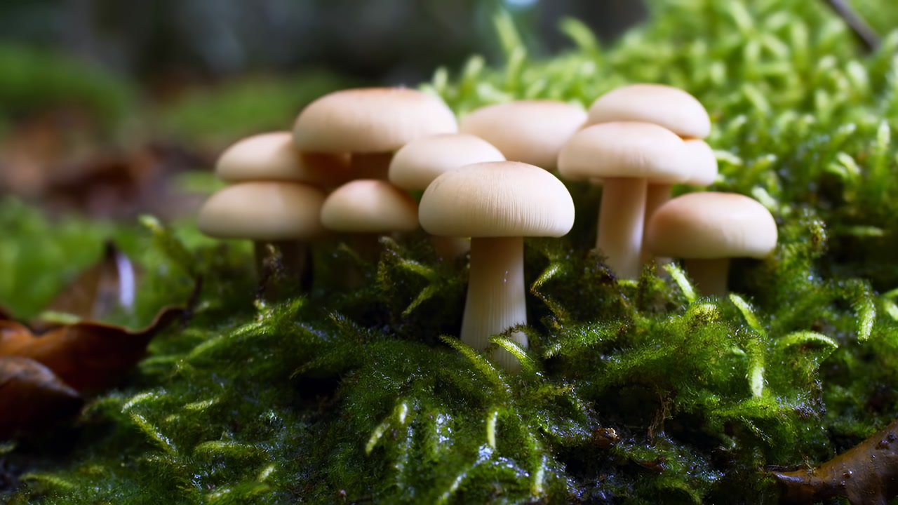 Closeup Moss Bed With Mushrooms, Beige Caps Rising From Damp Green Carpet In Shaded Woodland, Delicate Stems
