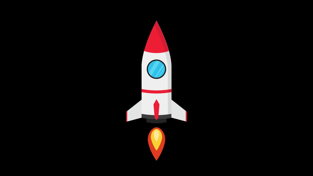 Cartoon rocket ship flying up. Loop animation in alpha channel. 4K resolution.