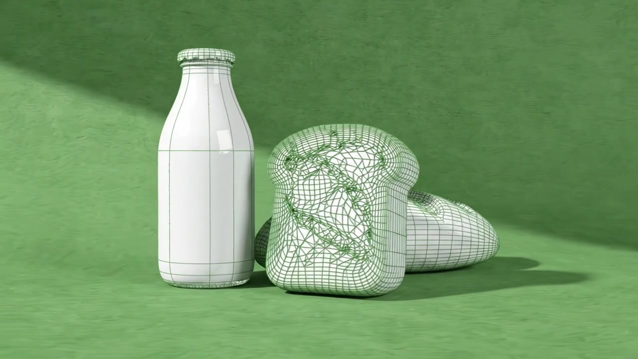 Minimalistinen renderöinti, jossa on pullon ja kahden leipälimpun lankamalleja, asetettuna vihreää taustaa vasten, joka korostaa niiden geometrisia muotoja