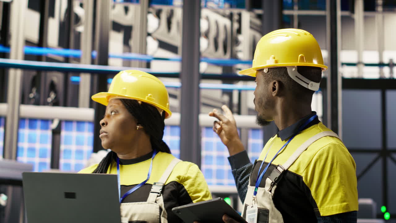 Vertical video Solar panels factory engineering team analyzes performance data on laptop