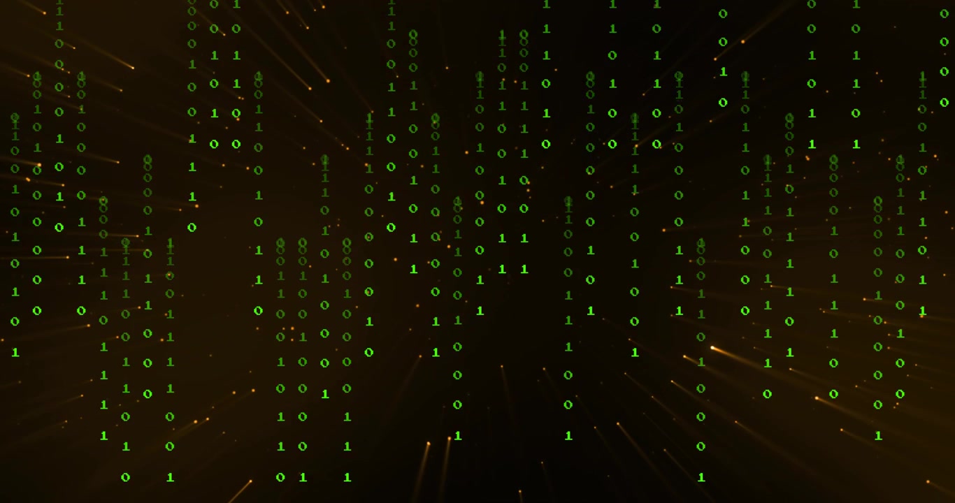 Binary digits appearing at top then streaming into radial streaks, showing data flow in flat design